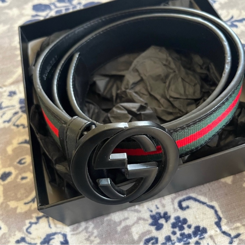 Authentic Mens Black Matte buckle GUCCI web belt. Size 85 30-34 Beautiful 🇮🇹